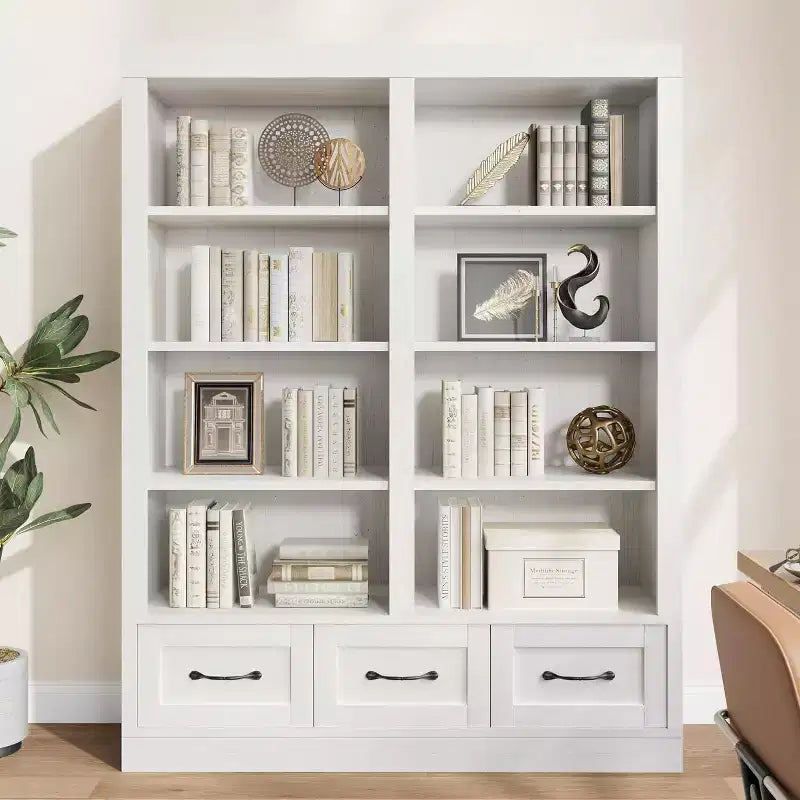 Libreria Acekool 64, Doppia Larghezza, 4 Ripiani con 3 Cassetti, Profonda, per Soggiorno, Ufficio, Camera da Letto, 120 cm L x 30 cm P