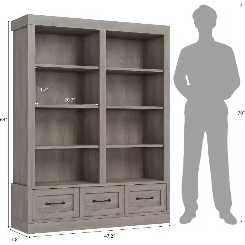 Libreria Acekool 64, Doppia Larghezza, 4 Ripiani con 3 Cassetti, Profonda, per Soggiorno, Ufficio, Camera da Letto, 120 cm L x 30 cm P