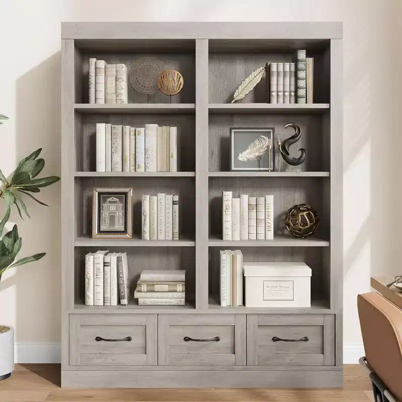 Libreria Acekool 64, Doppia Larghezza, 4 Ripiani con 3 Cassetti, Profonda, per Soggiorno, Ufficio, Camera da Letto, 120 cm L x 30 cm P