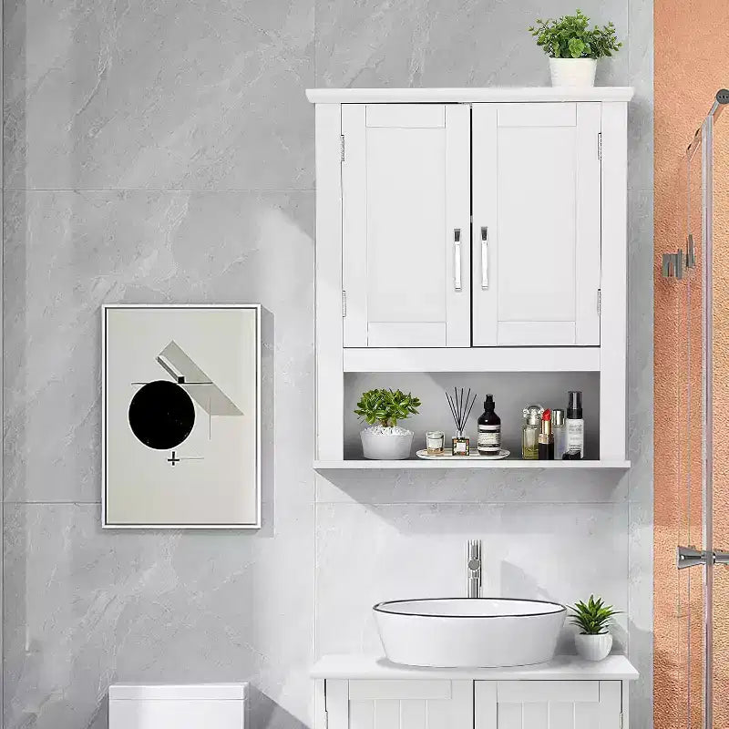 Mobiletto a muro da bagno VINGLI Mobiletto da bagno a parete con 2 ante e 1 ripiano regolabile sopra il WC
