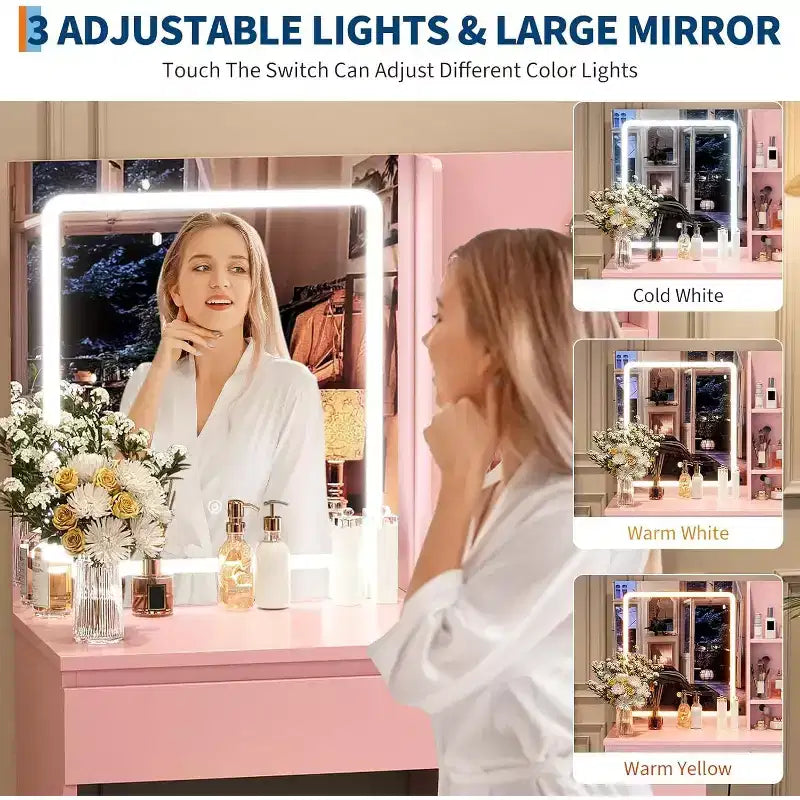 Toeletta Trucco con Specchio Illuminato, Set Tavolo da Trucco con 4 Cassetti, Rosa