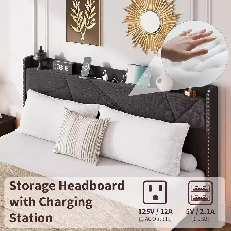Struttura letto sospesa, Letto a piattaforma imbottito, Testiera e design con bottoni trapuntati, Supporto con doghe in metallo, Non è necessario il box spring