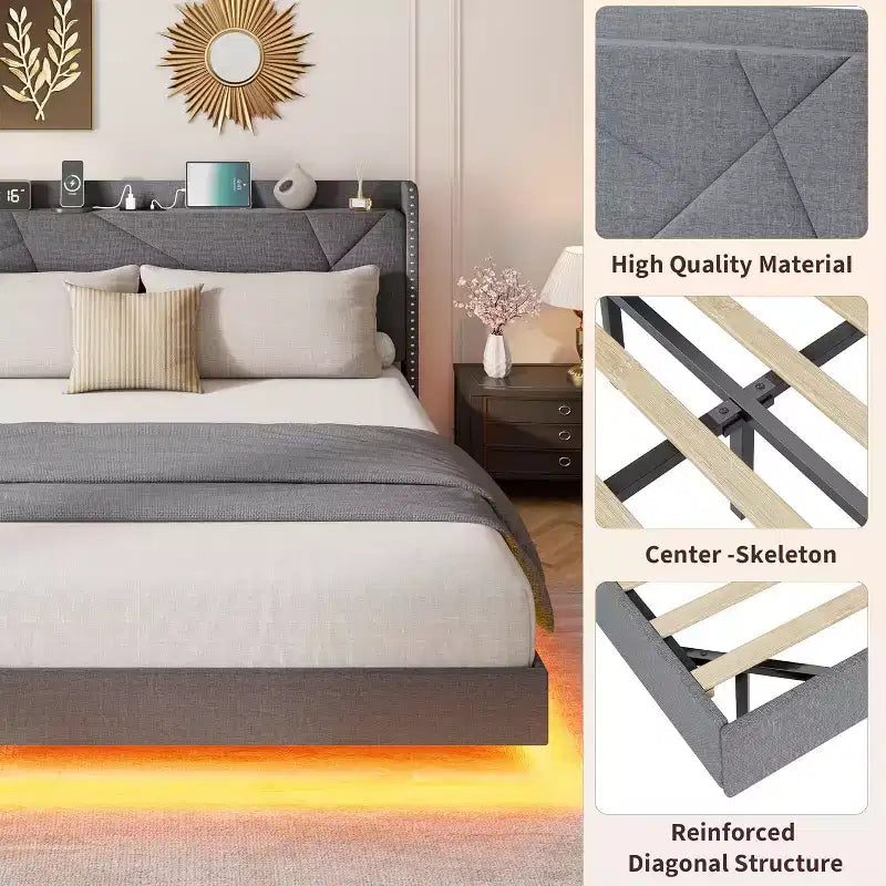 Struttura letto sospesa, Letto a piattaforma imbottito, Testiera e design con bottoni trapuntati, Supporto con doghe in metallo, Non è necessario il box spring