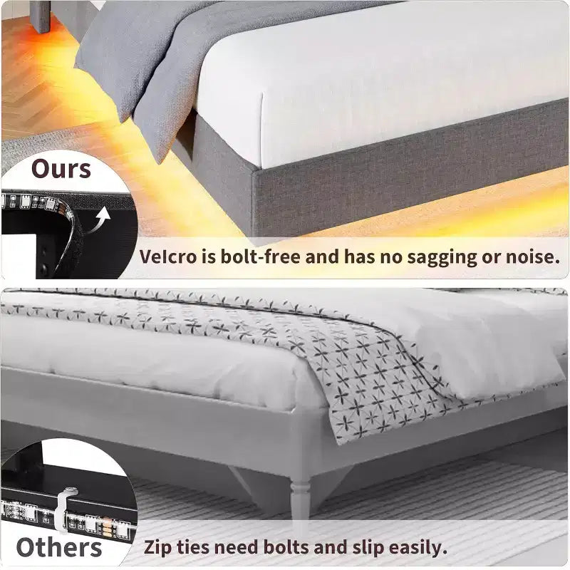 Struttura letto sospesa, Letto a piattaforma imbottito, Testiera e design con bottoni trapuntati, Supporto con doghe in metallo, Non è necessario il box spring