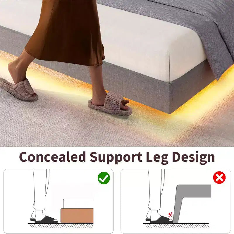 Struttura letto sospesa, Letto a piattaforma imbottito, Testiera e design con bottoni trapuntati, Supporto con doghe in metallo, Non è necessario il box spring