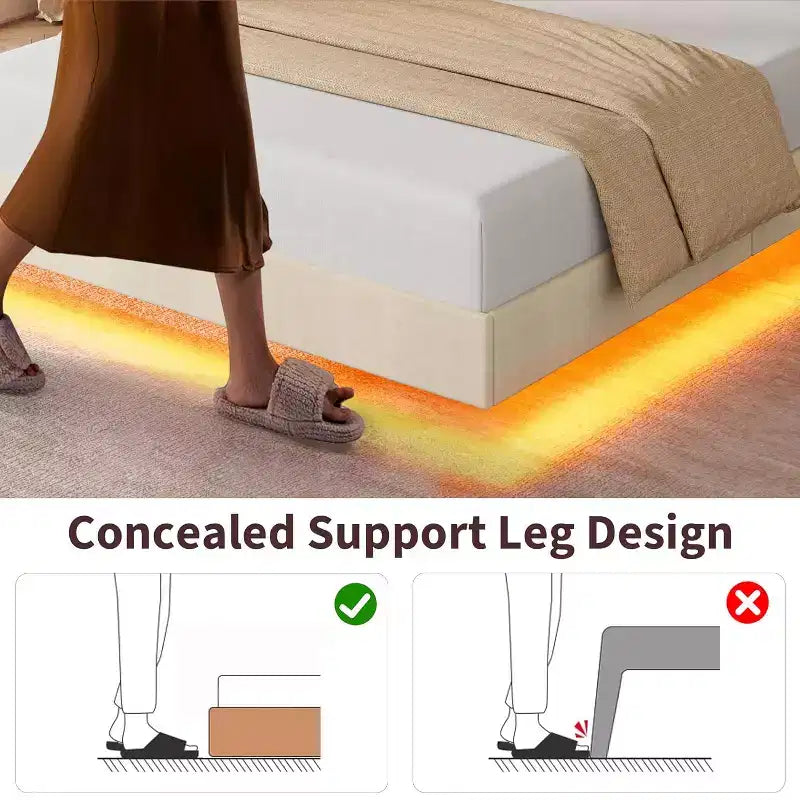 Struttura letto sospesa, Letto a piattaforma imbottito, Testiera e design con bottoni trapuntati, Supporto con doghe in metallo, Non è necessario il box spring