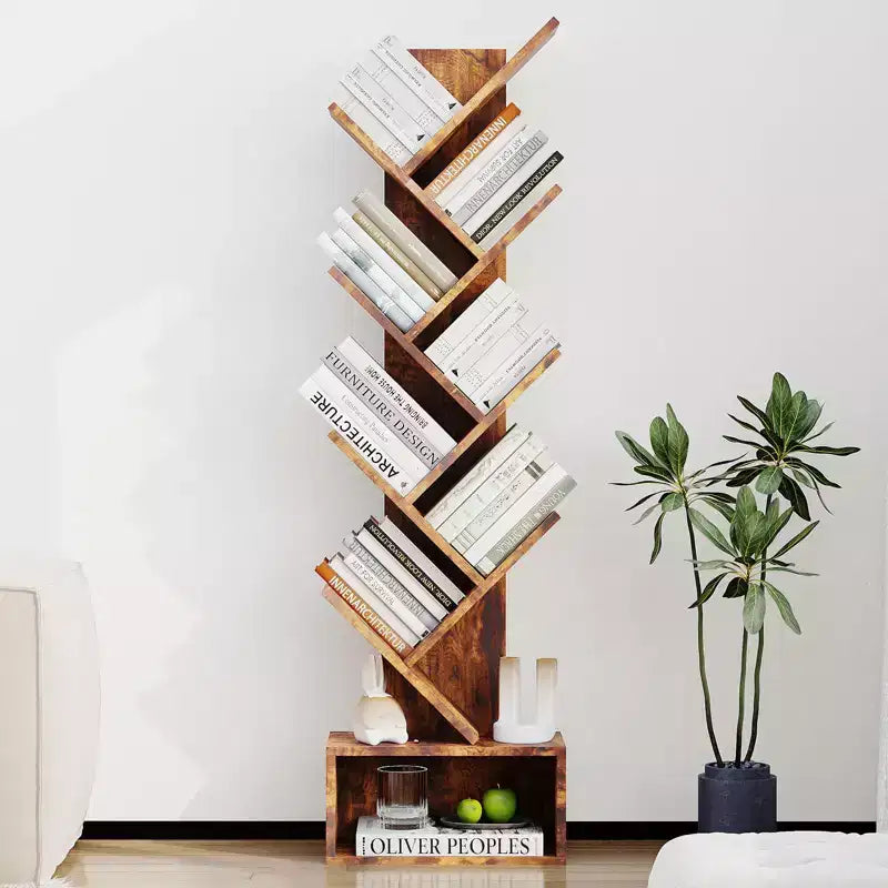 Libreria a forma di albero a 8 livelli in stile rustico con ripiani aperti, ideale per salotti, camere da letto e uffici