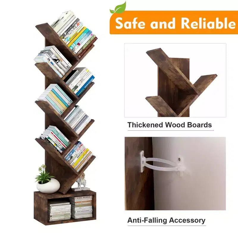 Libreria a forma di albero a 8 livelli in stile rustico con ripiani aperti, ideale per salotti, camere da letto e uffici