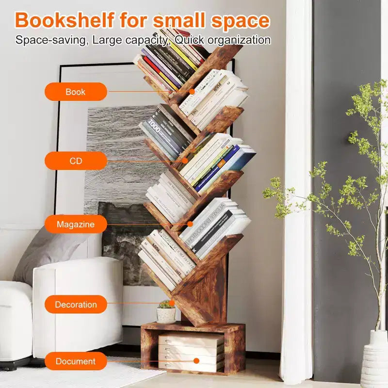 Libreria a forma di albero a 8 livelli in stile rustico con ripiani aperti, ideale per salotti, camere da letto e uffici