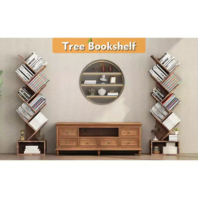 Libreria a forma di albero a 8 livelli in stile rustico con ripiani aperti, ideale per salotti, camere da letto e uffici