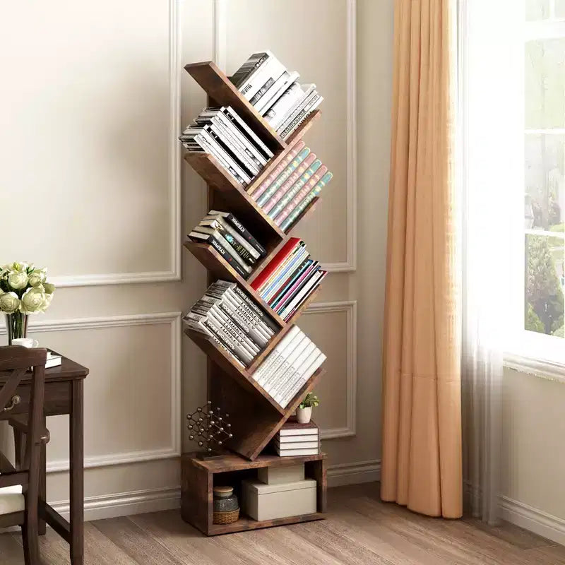 Libreria a forma di albero a 8 livelli in stile rustico con ripiani aperti, ideale per salotti, camere da letto e uffici