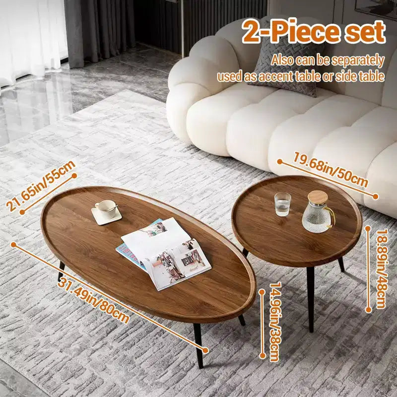 Set di 2 tavolini da caffè moderni, set di tavolini da caffè a incastro da 80 + 48 cm, tavolino da cocktail in legno, tavolino d'appoggio per soggiorno, camera da letto, ufficio