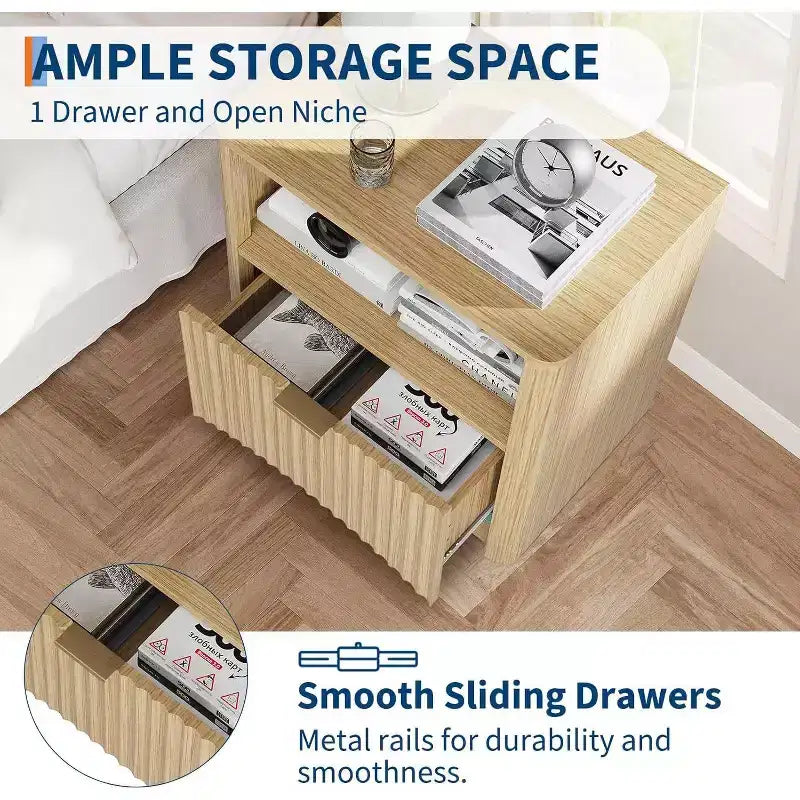 Comodino moderno di metà secolo, set da 2, comodino scanalato largo 58 cm con cassetto e ripiano, comodino scanalato per camera da letto, divano, ufficio