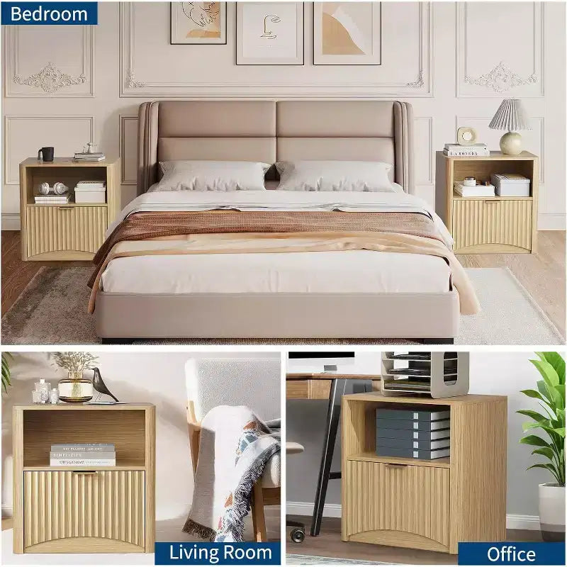 Comodino moderno di metà secolo, set da 2, comodino scanalato largo 58 cm con cassetto e ripiano, comodino scanalato per camera da letto, divano, ufficio