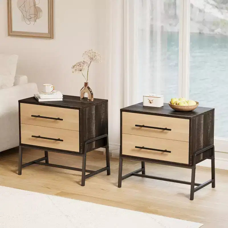 Comodino, tavolino da notte moderno di metà secolo con 2 cassetti portaoggetti, gambe in legno chiaro e metallo per camera da letto, soggiorno, marrone scuro