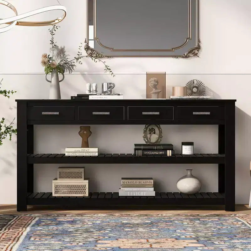 Consolle moderna in legno con cassetti e ripiani, tavolo da ingresso minimalista con contenitore per corridoi e soggiorni