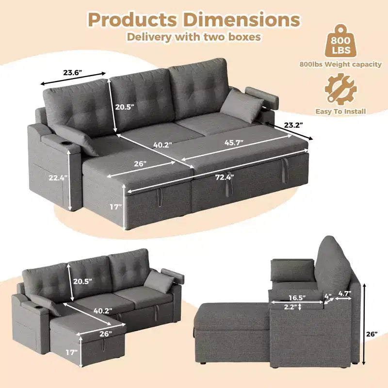 Divano letto moderno 84'', Divano componibile reversibile imbottito, Divano profondo per soggiorno, camera da letto, appartamento, ufficio