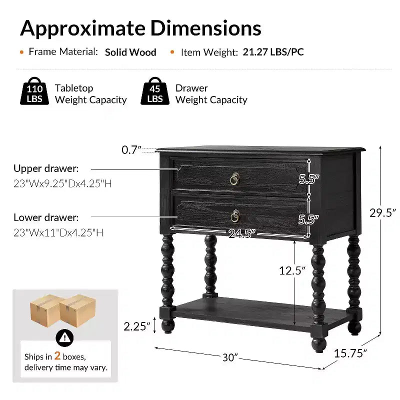 Jerardo 30 Tavolino con 2 cassetti e prese di ricarica integrate - Set da 2|ARTFUL LIVING DESIGNS