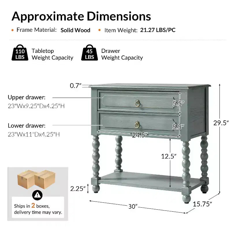 Jerardo 30 Tavolino con 2 cassetti e prese di ricarica integrate - Set da 2|ARTFUL LIVING DESIGNS