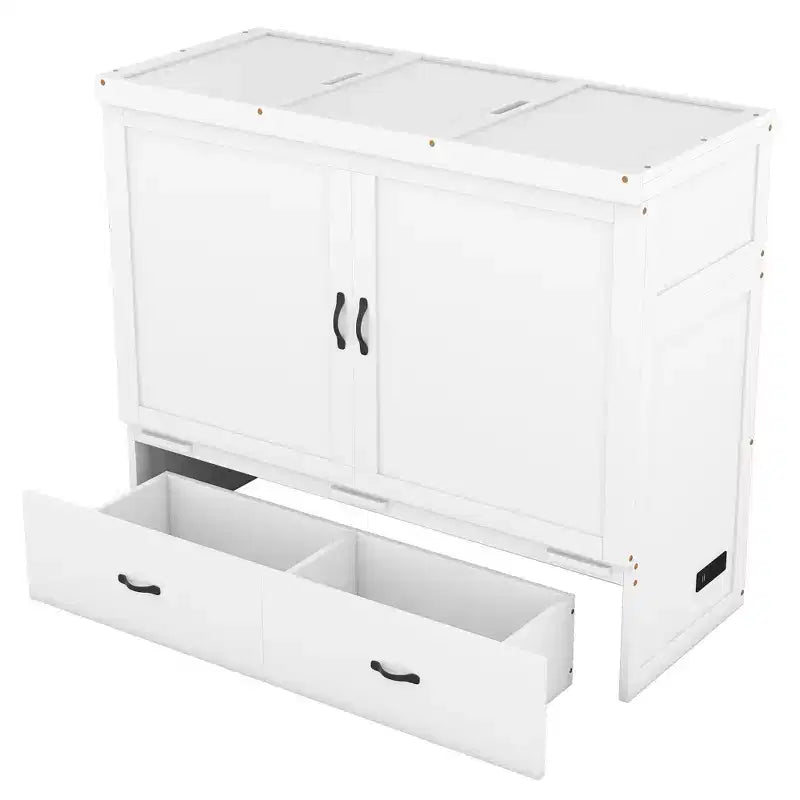Letto a scomparsa completo a mobile, Letto a cassettone Murphy mobile in legno con porte USB e cassetti, Bianco