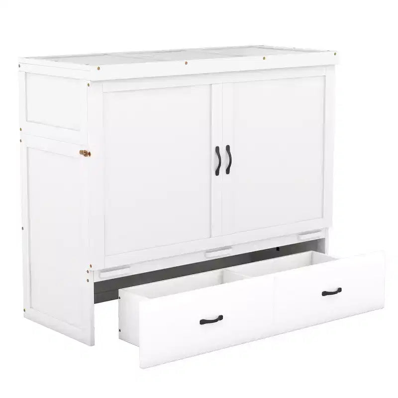 Letto a scomparsa completo a mobile, Letto a cassettone Murphy mobile in legno con porte USB e cassetti, Bianco