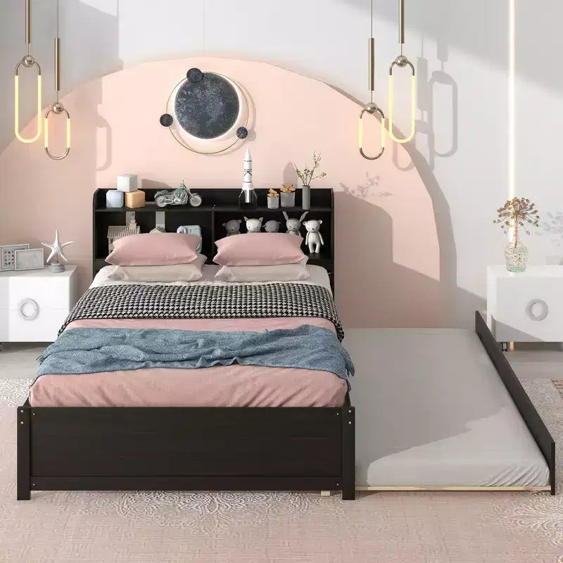 MAYEERTY Letto con testiera contenitore a grandezza naturale con letto estraibile, struttura in legno massiccio di pino per piccoli spazi