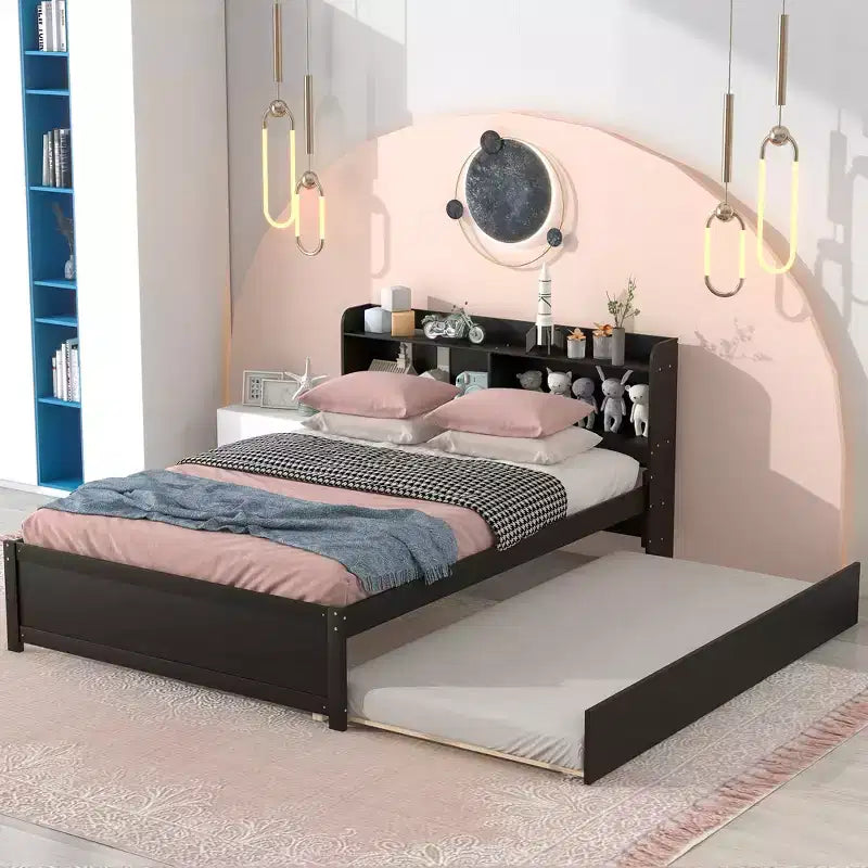 MAYEERTY Letto con testiera contenitore a grandezza naturale con letto estraibile, struttura in legno massiccio di pino per piccoli spazi