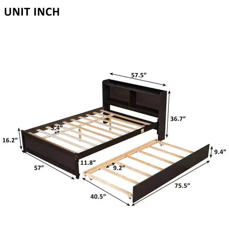 MAYEERTY Letto con testiera contenitore a grandezza naturale con letto estraibile, struttura in legno massiccio di pino per piccoli spazi