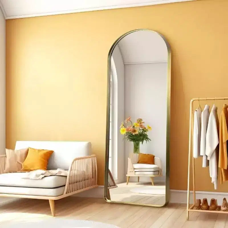 Specchio a figura intera MAYEERTY Gold 80 x 180 cm con cornice in lega di alluminio a forma di arco, senza supporto, per la decorazione della parete del soggiorno e della camera da letto