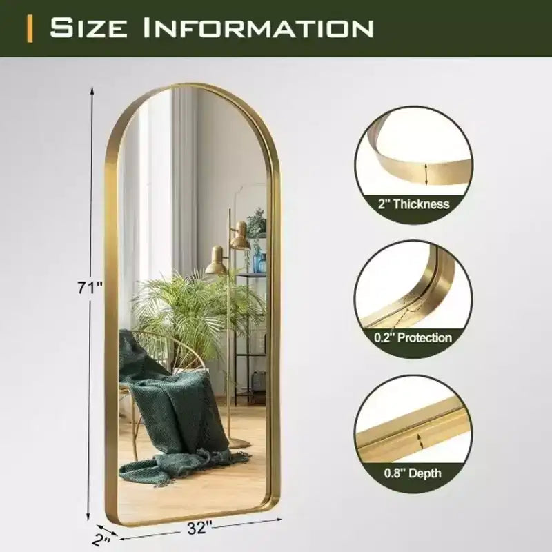 Specchio a figura intera MAYEERTY Gold 80 x 180 cm con cornice in lega di alluminio a forma di arco, senza supporto, per la decorazione della parete del soggiorno e della camera da letto