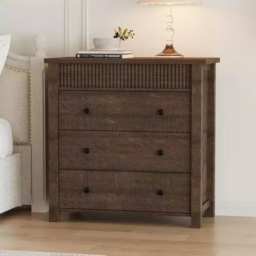 3 Drawer Dresser for Bedroom Nightstand, Wooden Chest of Drawers, Fluted End Table, Storage Organizer for Living Room, Hallway and Entryway