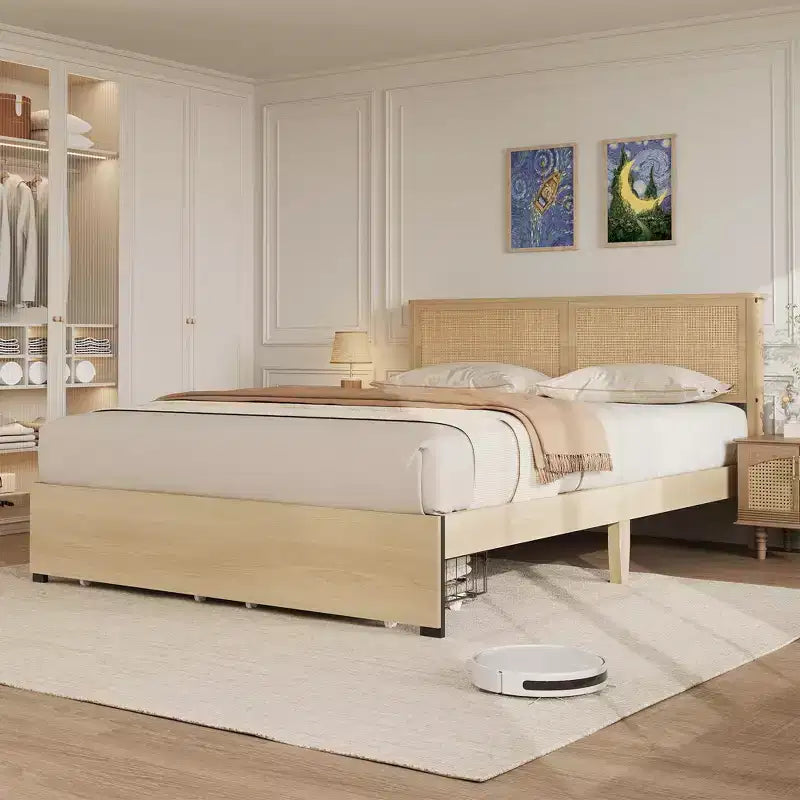 Struttura Letto Matrimoniale in Rattan con Testiera in Rattan Naturale, Struttura Letto Matrimoniale Francese/Matrimoniale/King Size in Rattan con 2 Cassetti, Base in Legno Massello con Doghe Silenziose