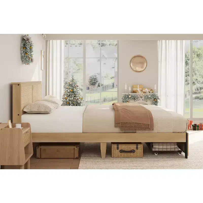 Struttura Letto Matrimoniale in Rattan con Testiera in Rattan Naturale, Struttura Letto Matrimoniale Francese/Matrimoniale/King Size in Rattan con 2 Cassetti, Base in Legno Massello con Doghe Silenziose