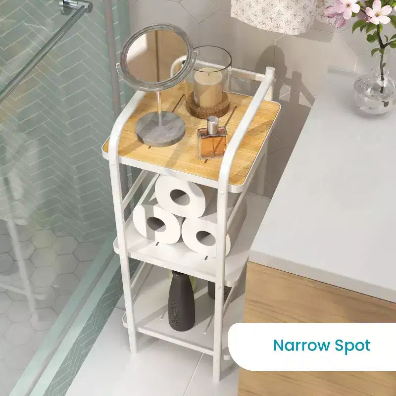 Home Zone Living Scaffale Organizer a 3 Ripiani, Autoportante, con Dettagli in Bambù e Struttura in Acciaio, Salvaspazio Verticale, Bianco