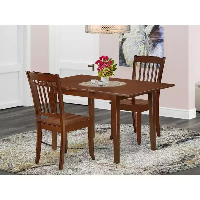 HomeStock Set da Pranzo 3 Pezzi con Tavolo Rettangolare con Piano in Legno Massello Finitura Mogano