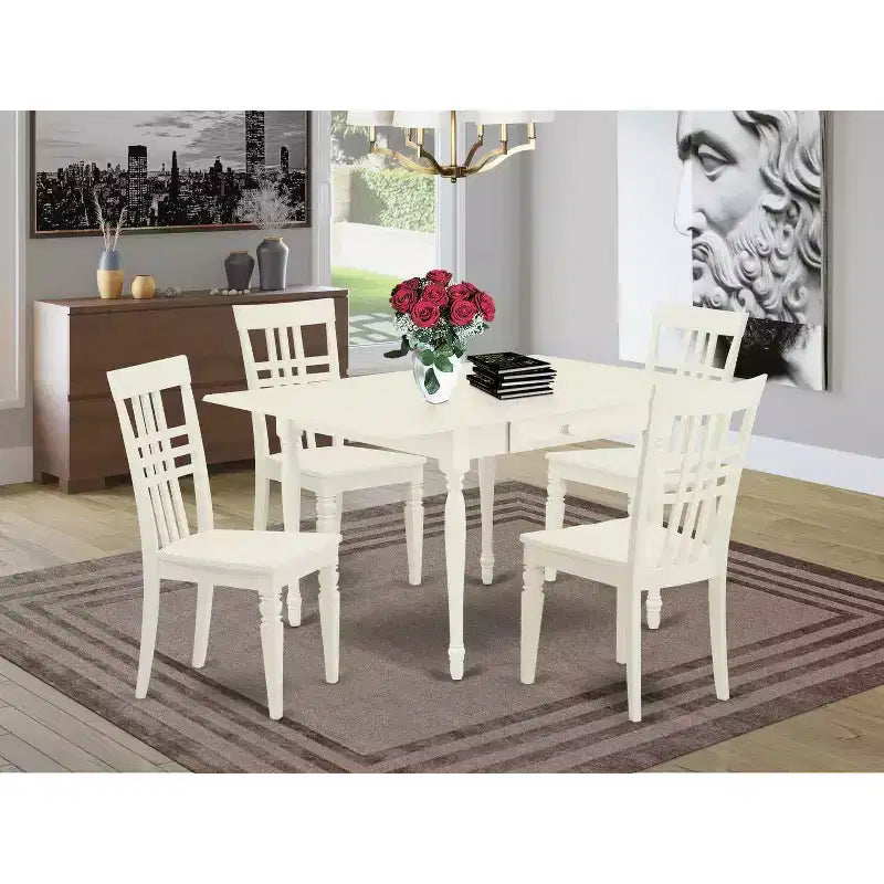 Set da pranzo 5 pezzi in legno massello con finitura lino bianco - 4 posti a sedere