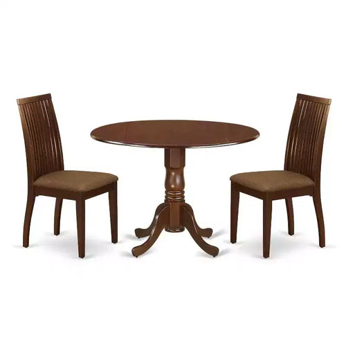 3-Piece Mahogany Finish Solid Wood Top - Round Dining Room Set - Seats 4