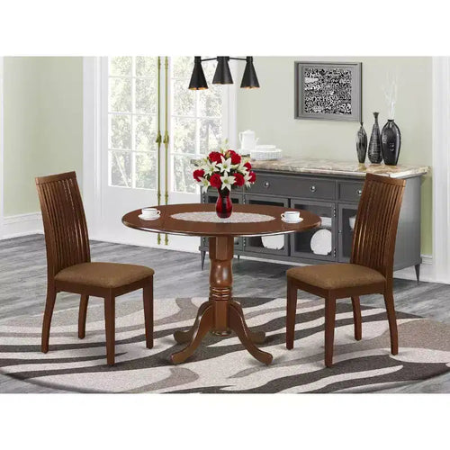 Set da pranzo rotondo a 3 pezzi con piano in legno massello finitura mogano - 4 posti a sedere