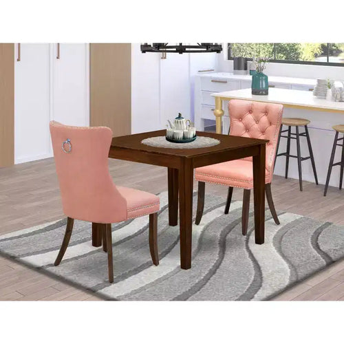 Set da pranzo da 3 pezzi con tavolo quadrato in legno massello con finitura noce anticato