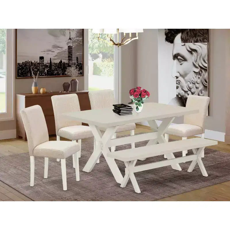 Tavolo da pranzo HomeStock 6 pezzi con piano rettangolare in legno massello finitura rovere naturale, 1 panca, 4 sedie