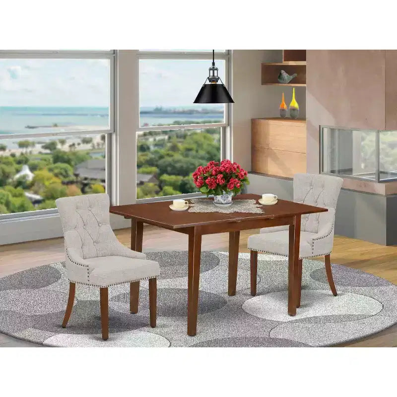 HomeStock Set da Pranzo 3 Pezzi con Tavolo Rettangolare in Legno Massello con Finitura Mogano e Allunga a Farfalla