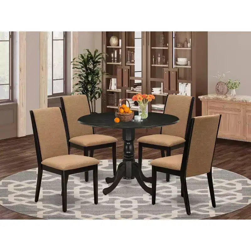 HomeStock Tavolo da pranzo rotondo a 5 pezzi con finitura nera spazzolata, piano in legno massello e 4 sedie