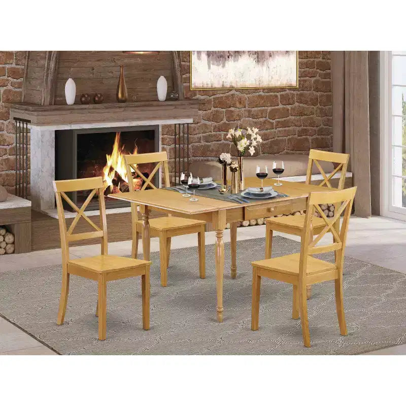 HomeStock Set da Pranzo 5 Pezzi con Piano in Legno Massello Finitura Rovere Naturale - con Alette Abbattibili - 4 Posti a Sedere