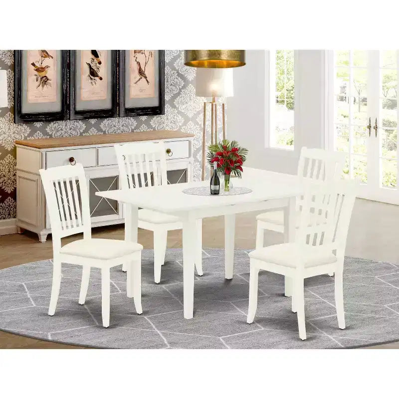 HomeStock Set da Pranzo Rettangolare Imbottito a 5 Pezzi con Finitura Lino Bianco e Piano in Legno Massello con Prolunga a Farfalla - Posti a Sedere per 4