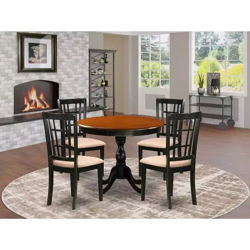 HomeStock Set da pranzo 5 pezzi con tavolo in legno massello con finitura nera e ciliegio e 4 sedie con schienale a doghe