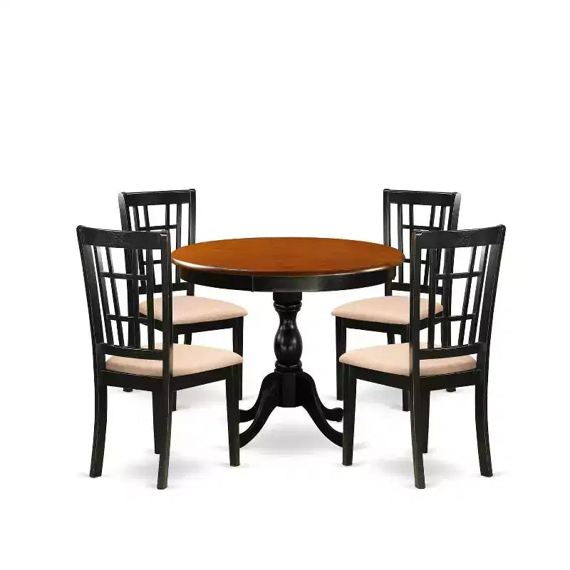HomeStock Set da pranzo 5 pezzi con tavolo in legno massello con finitura nera e ciliegio e 4 sedie con schienale a doghe