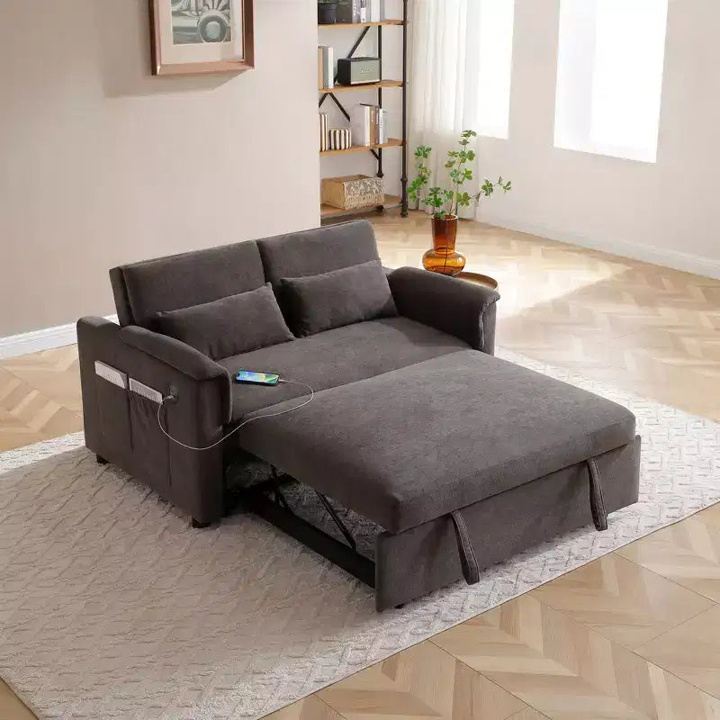 Divano letto trasformabile Okak con tasche laterali e schienale regolabile, divanetto imbottito in velluto per soggiorno, camera da letto