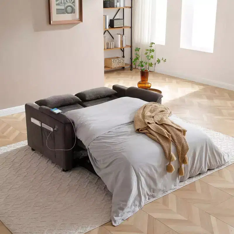 Divano letto trasformabile Okak con tasche laterali e schienale regolabile, divanetto imbottito in velluto per soggiorno, camera da letto