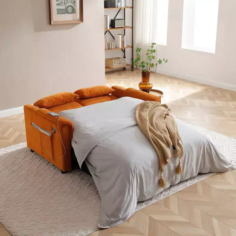 Divano letto trasformabile Okak con tasche laterali e schienale regolabile, divanetto imbottito in velluto per soggiorno, camera da letto