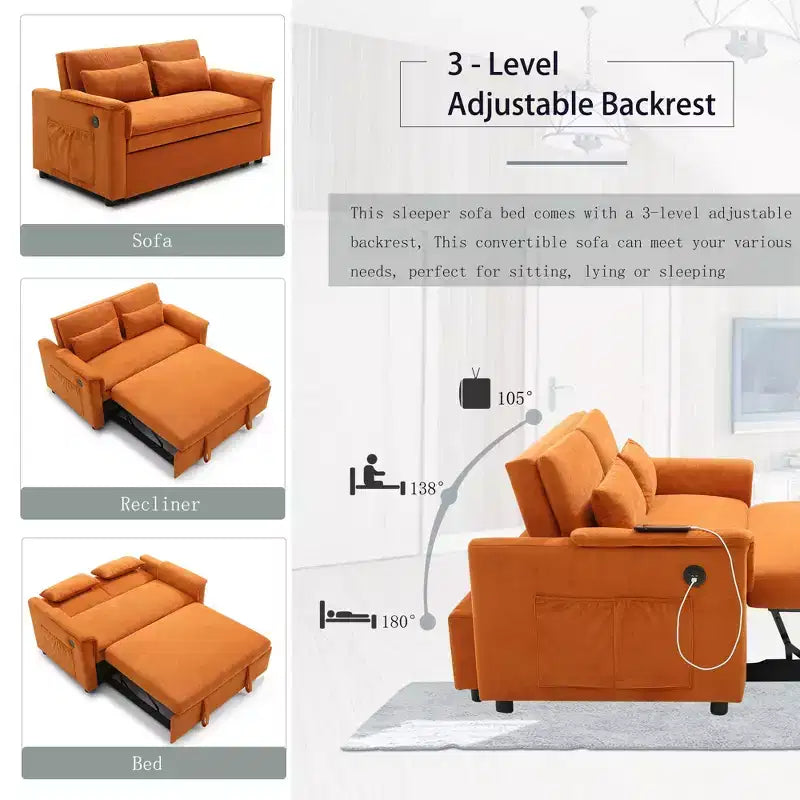 Divano letto trasformabile Okak con tasche laterali e schienale regolabile, divanetto imbottito in velluto per soggiorno, camera da letto